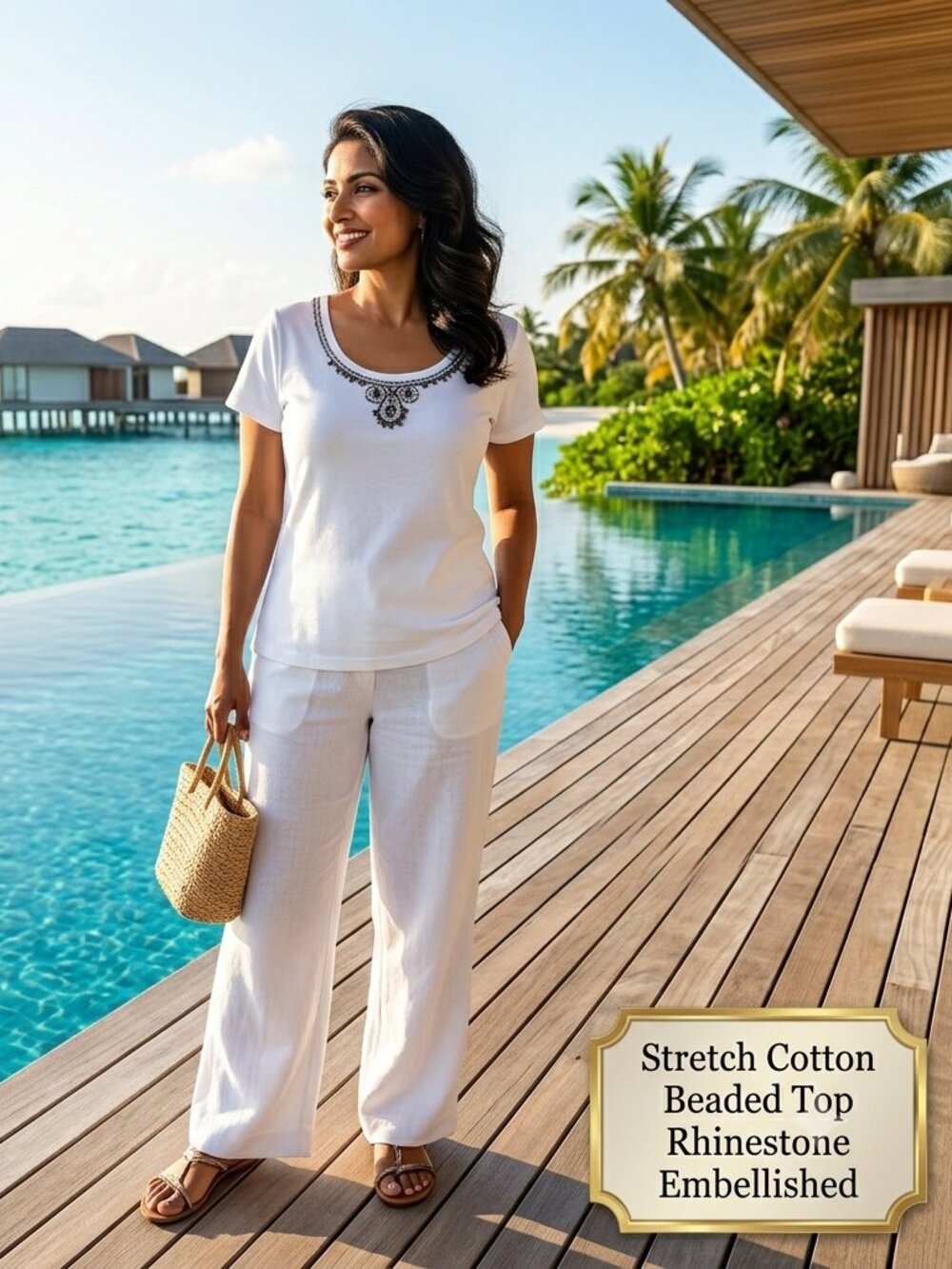 Style & Co women PL Beaded Top Rhinestone Embellished Stretch Cotton White Glam